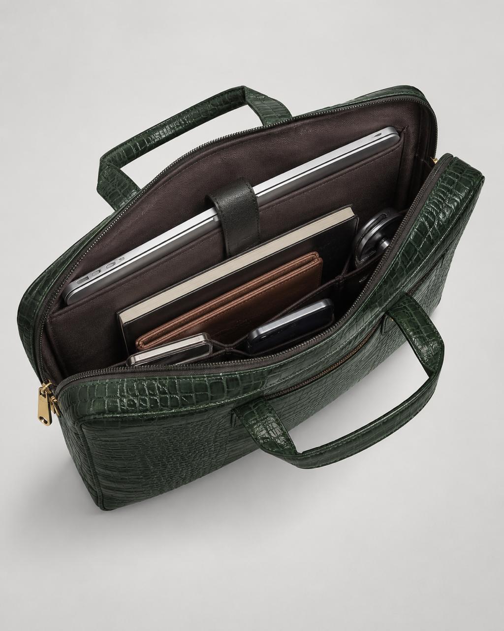 The Emerald Croc-Embossed Briefcase — interior
